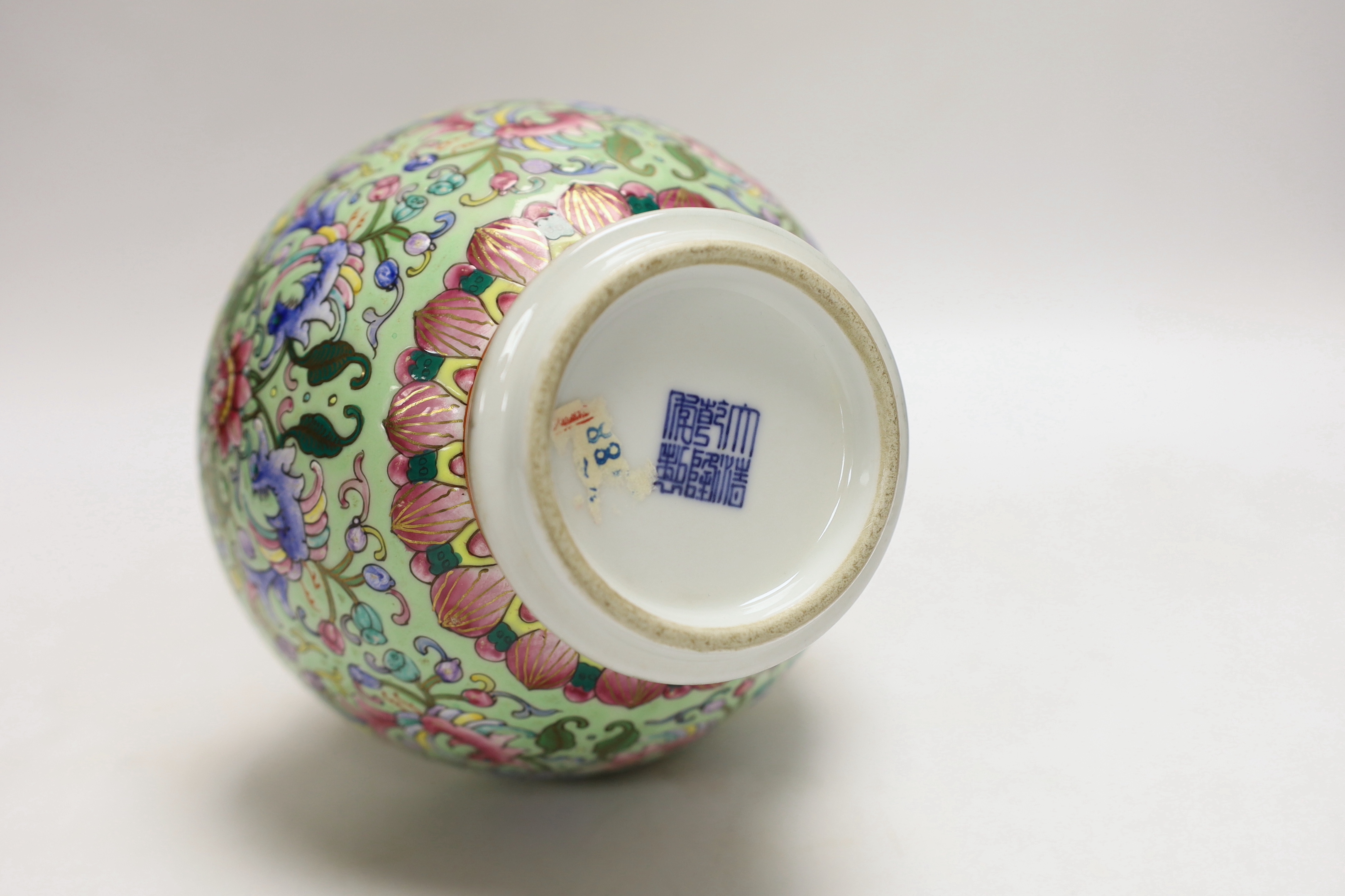 A Chinese enamelled porcelain celadon ground vase, 23.5cm, I box